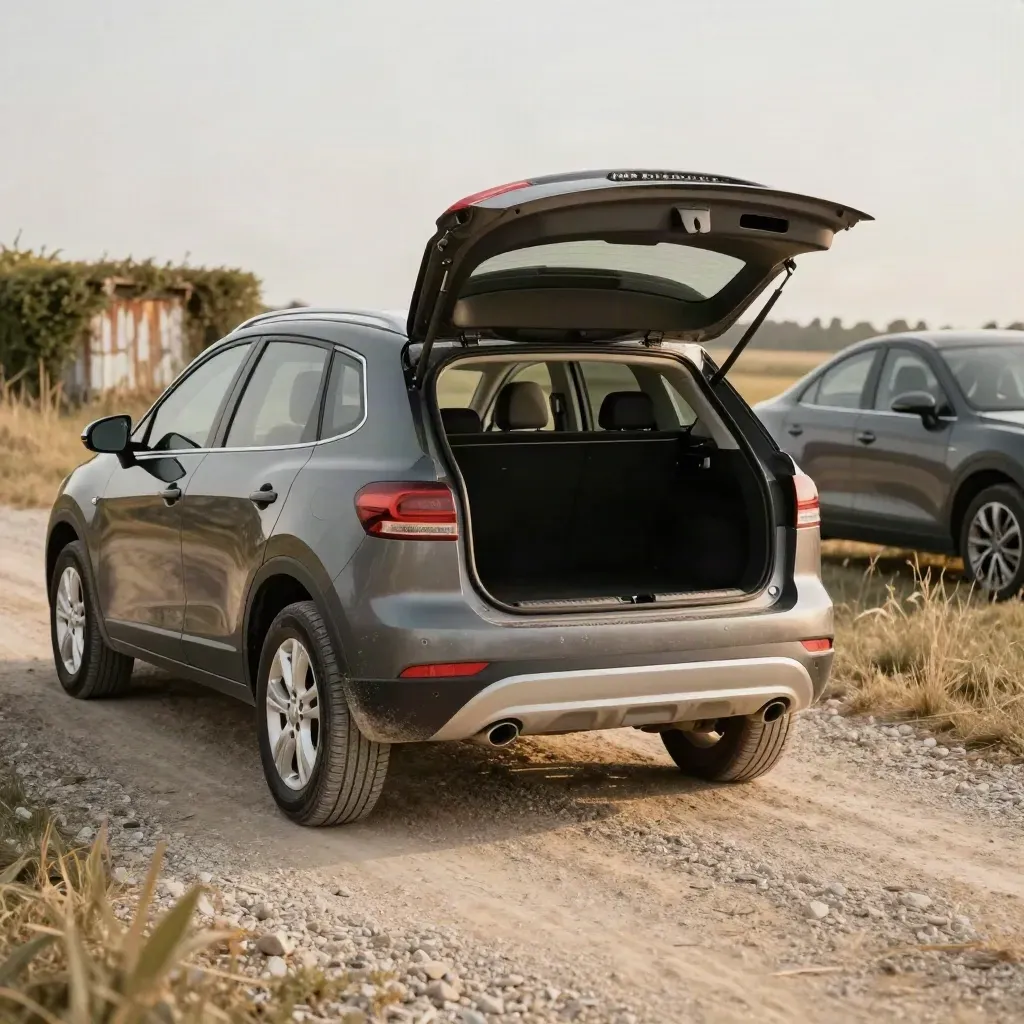 Begagnad kompakt suv med öppen baklucka på grusuppfart, andra bilen i bakgrunden.